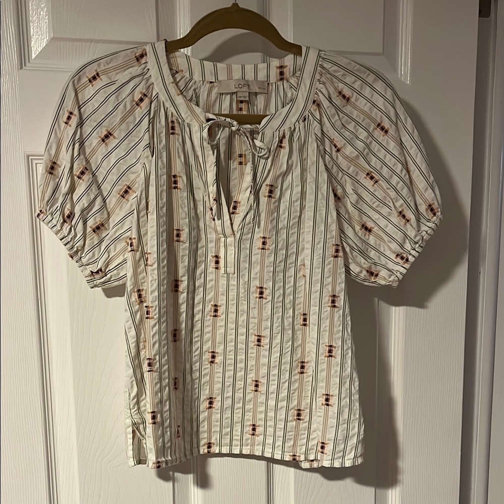 LOFT White and Brown Tie Front Blouse